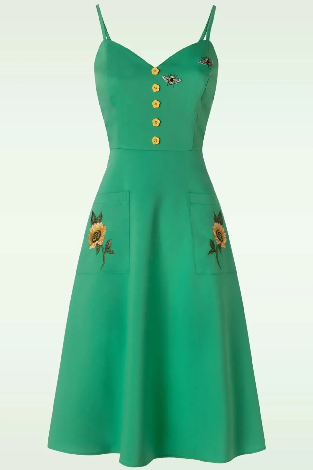 Embroidery Sunflower Flare Jurk In Groen