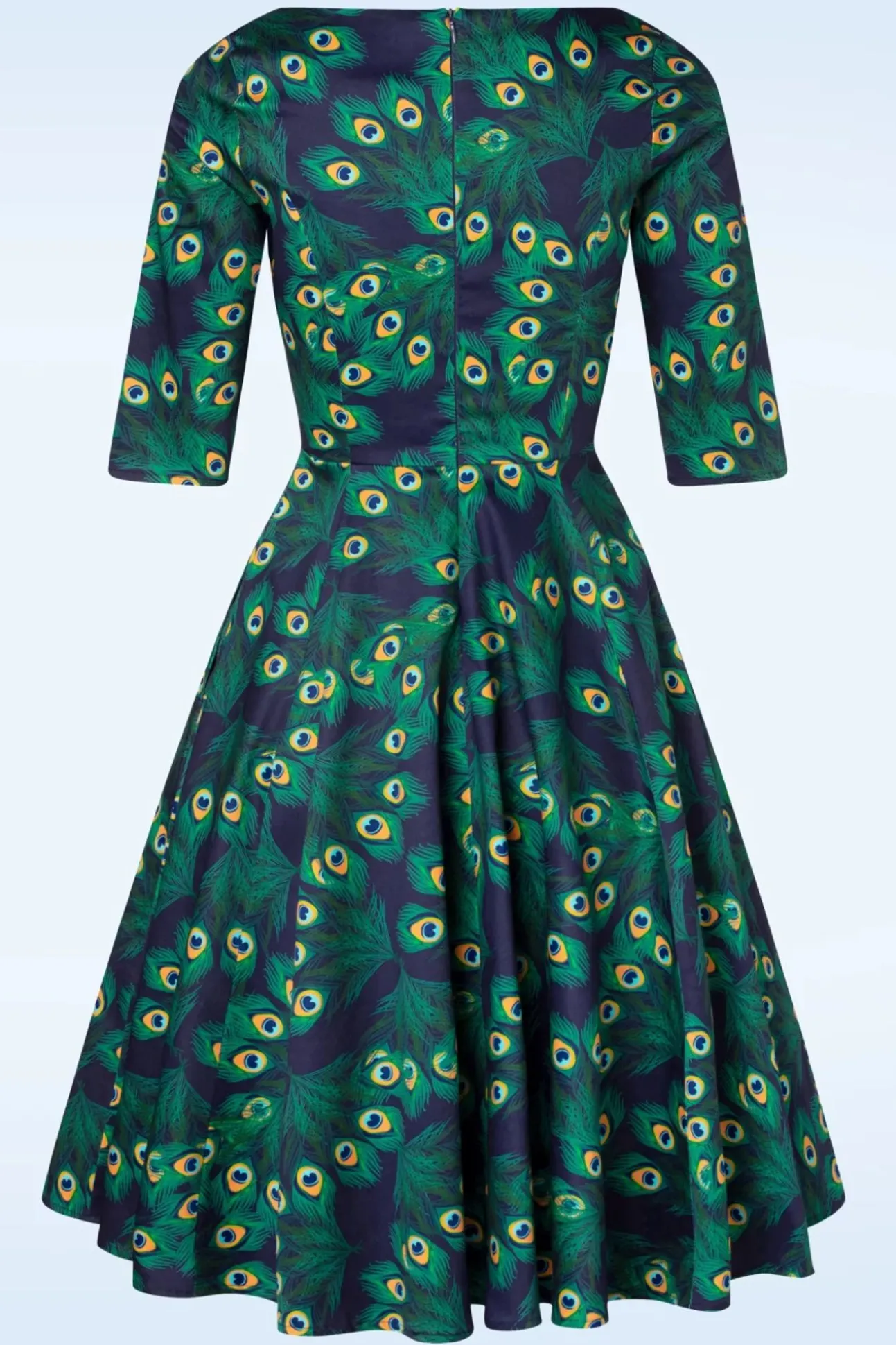 Exclusieve Bij Topvintage ~ Adriana Peacock Long Sleeve Swing Jurk In Marineblauw