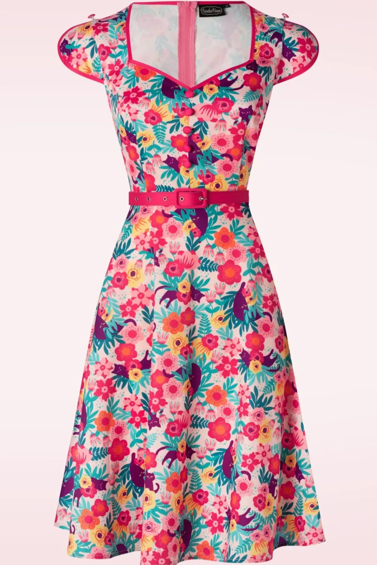 Floral Cats Print Flare Jurk In Multi