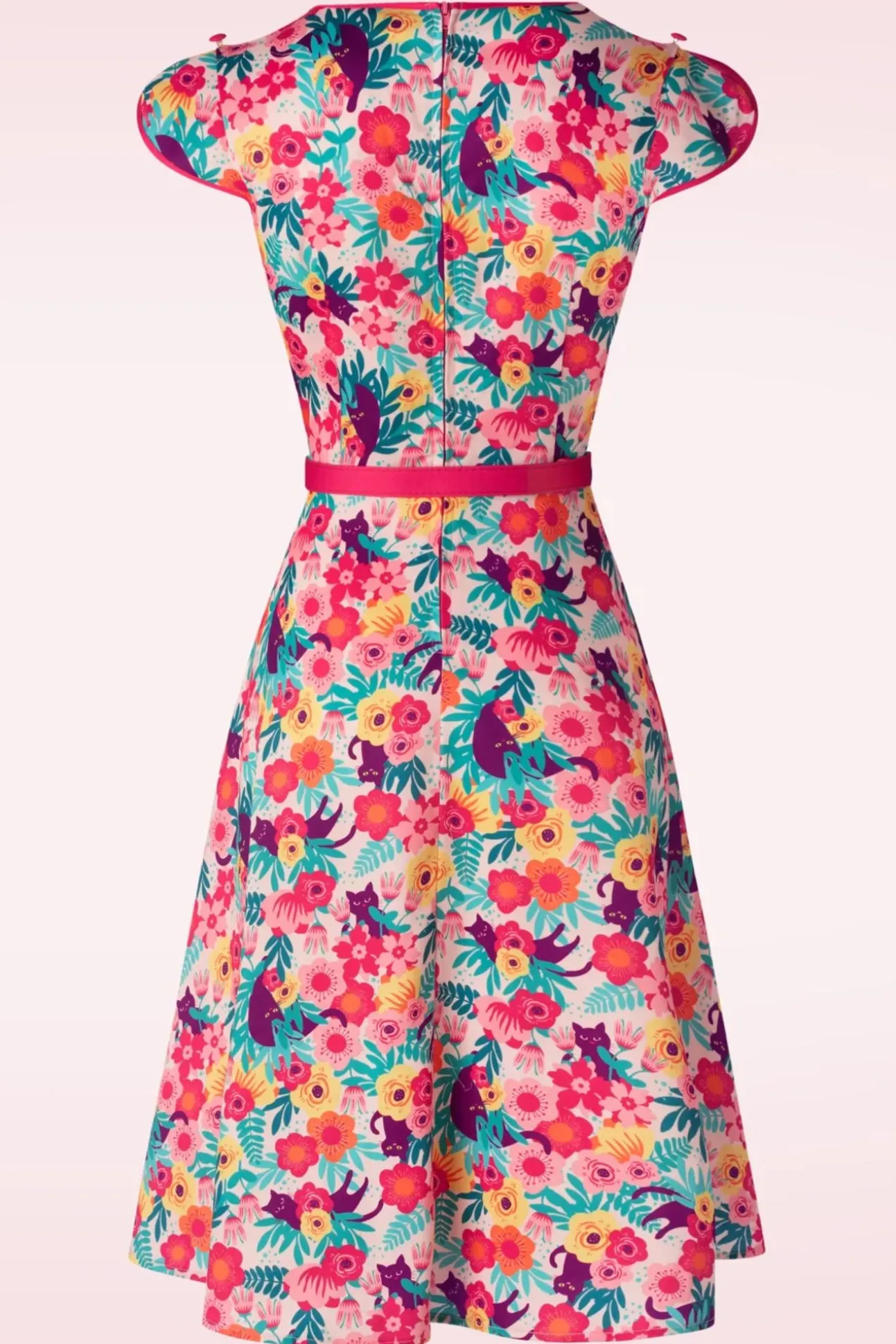 Floral Cats Print Flare Jurk In Multi
