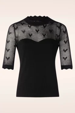 Heart Pattern Scallop Edge Trui In Zwart