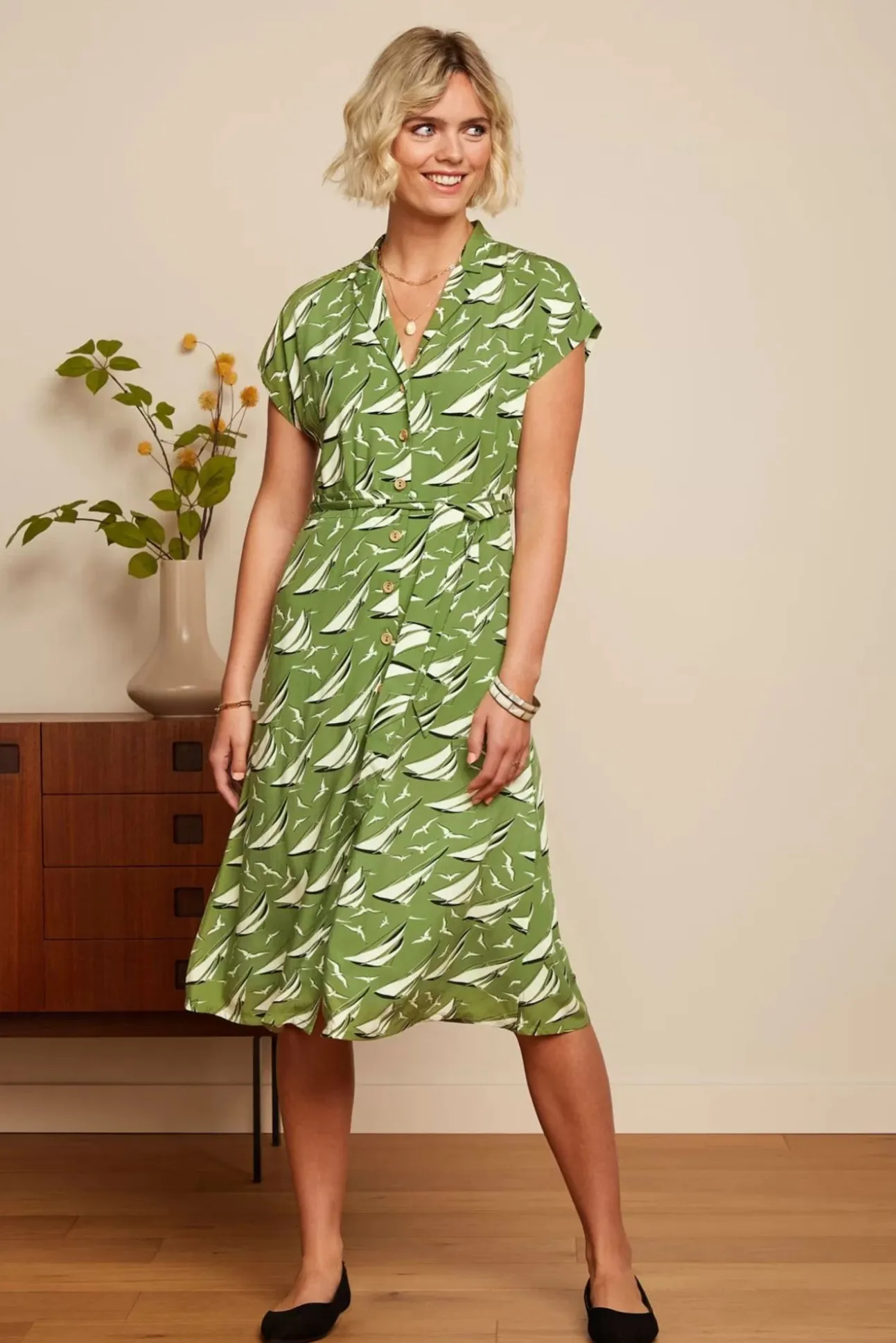 Irene Bateau Midi Jurk In Woodbine Groen