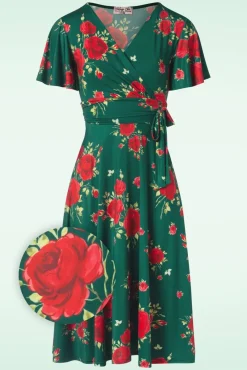 Irene Flower Cross Over Swing Jurk In Silky Green