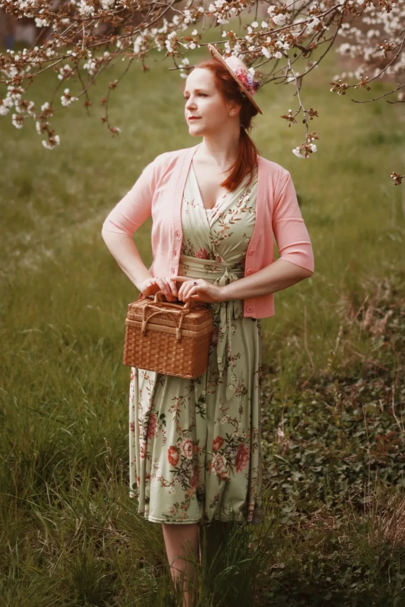 Jane Bloemen Midi-Jurk In Vintage Groen