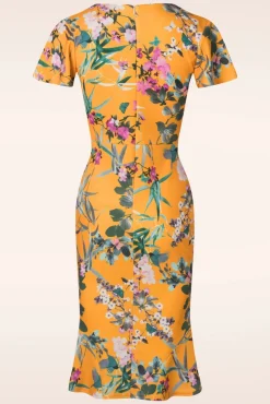 Katie Tropical Pencil Jurk In Mosterd