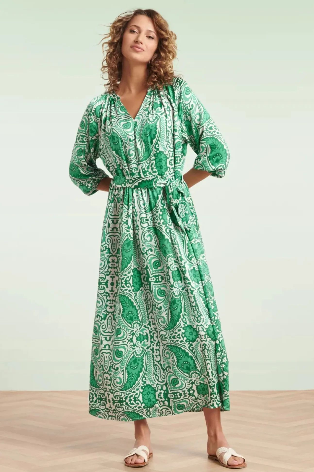 Myra Maxi Jurk In Gebroken Wit En Groen