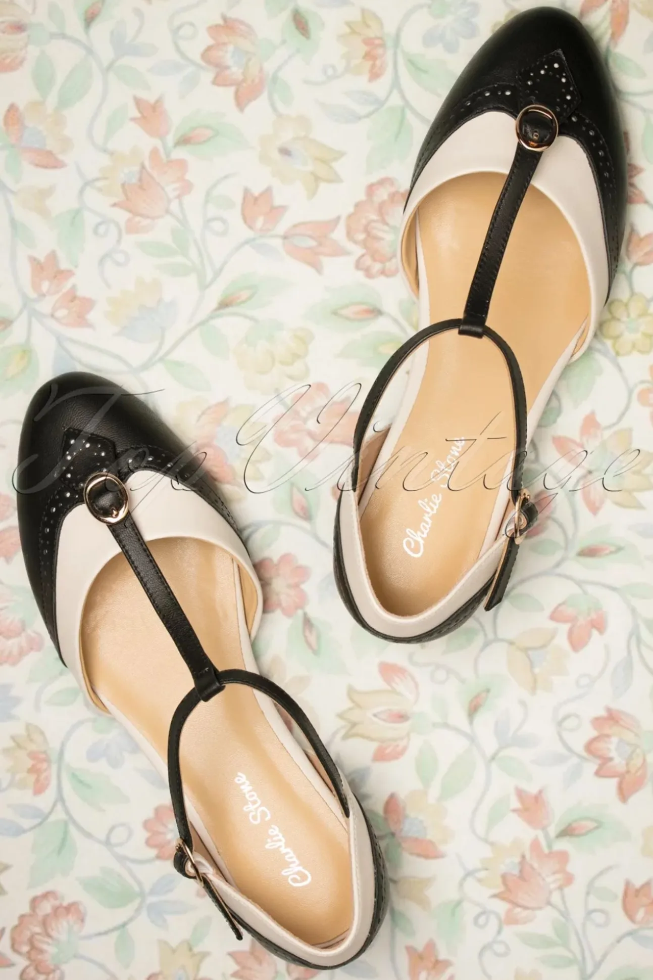 Parisienne T-Strap Flats In Zwart En Creme