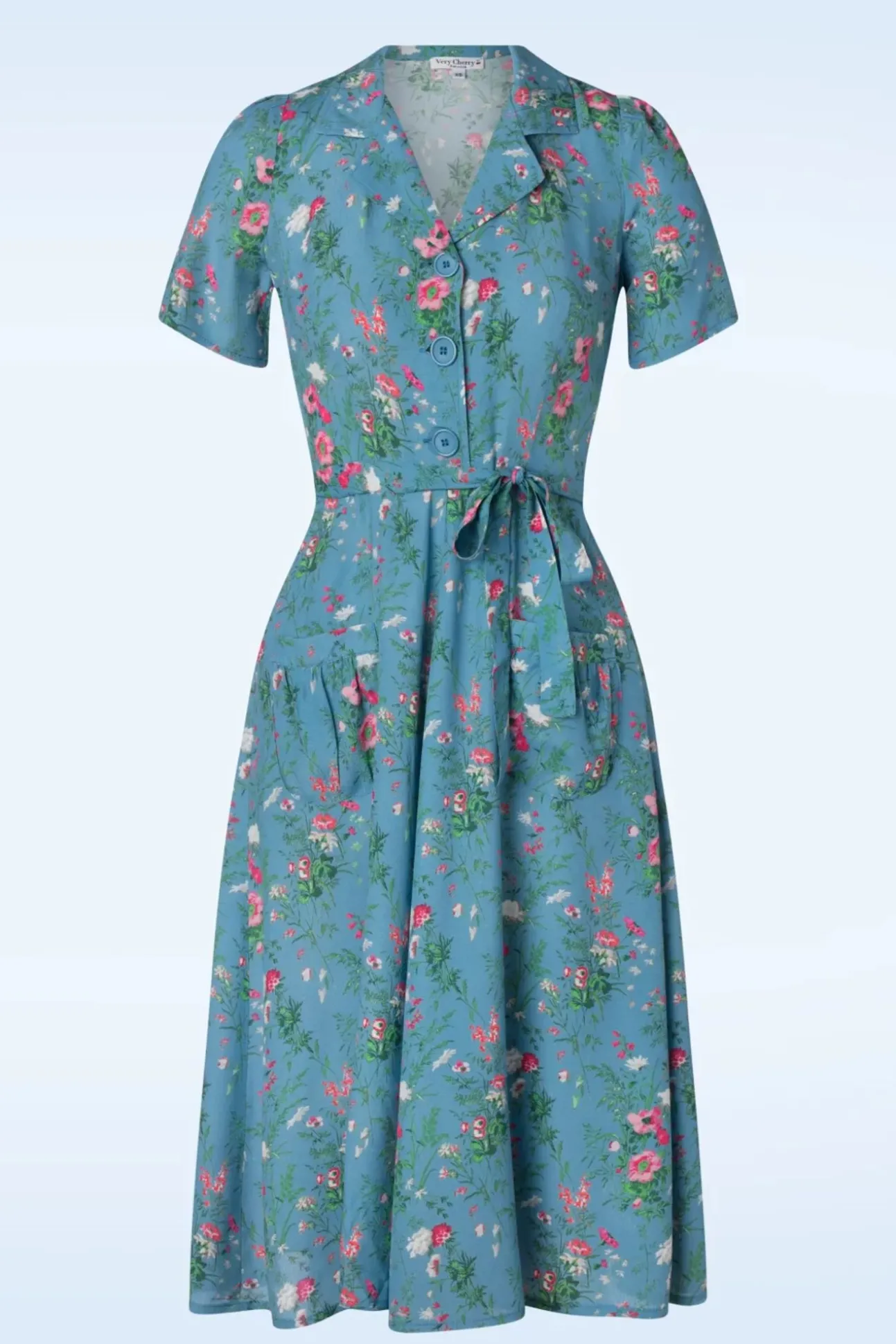 Revers Fieldbouquet Midi Jurk In Blauw