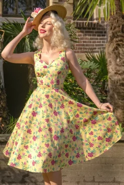 Topvintage Exclusive ~ Eliane Floral Swing Jurk In Lichtgeel