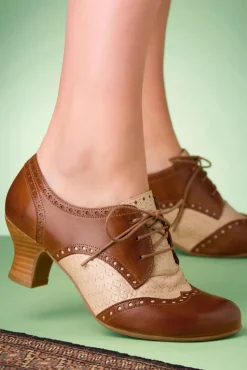 Tully Lederen Veterschoentjes In Cognac En Creme